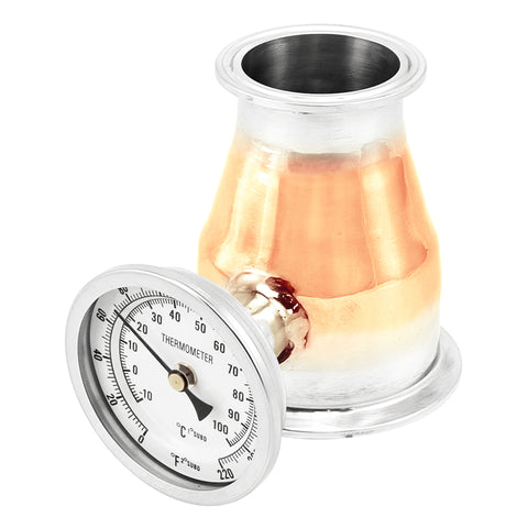 Copper Tri-Clover Concentric Reducer With Thermometer - 3" TC X 2" TC