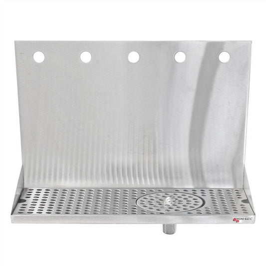 Micro Matic Stainless Steel Drip Tray – Wall Mounting w/ 5 Shank Holes, Spray Glass Rinser, & Drain – 16” x 6 1/2” x 3/4” 