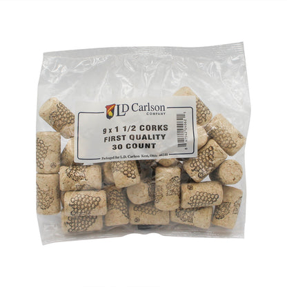First Quality Straight Wine Corks- #9 by 1 1/2" Length (30 per bag)