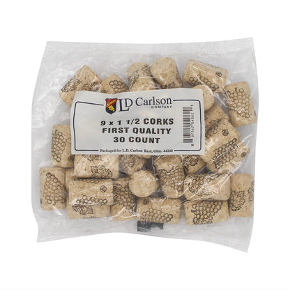 First Quality Straight Wine Corks- #9 by 1 1/2" Length (30 per bag)
