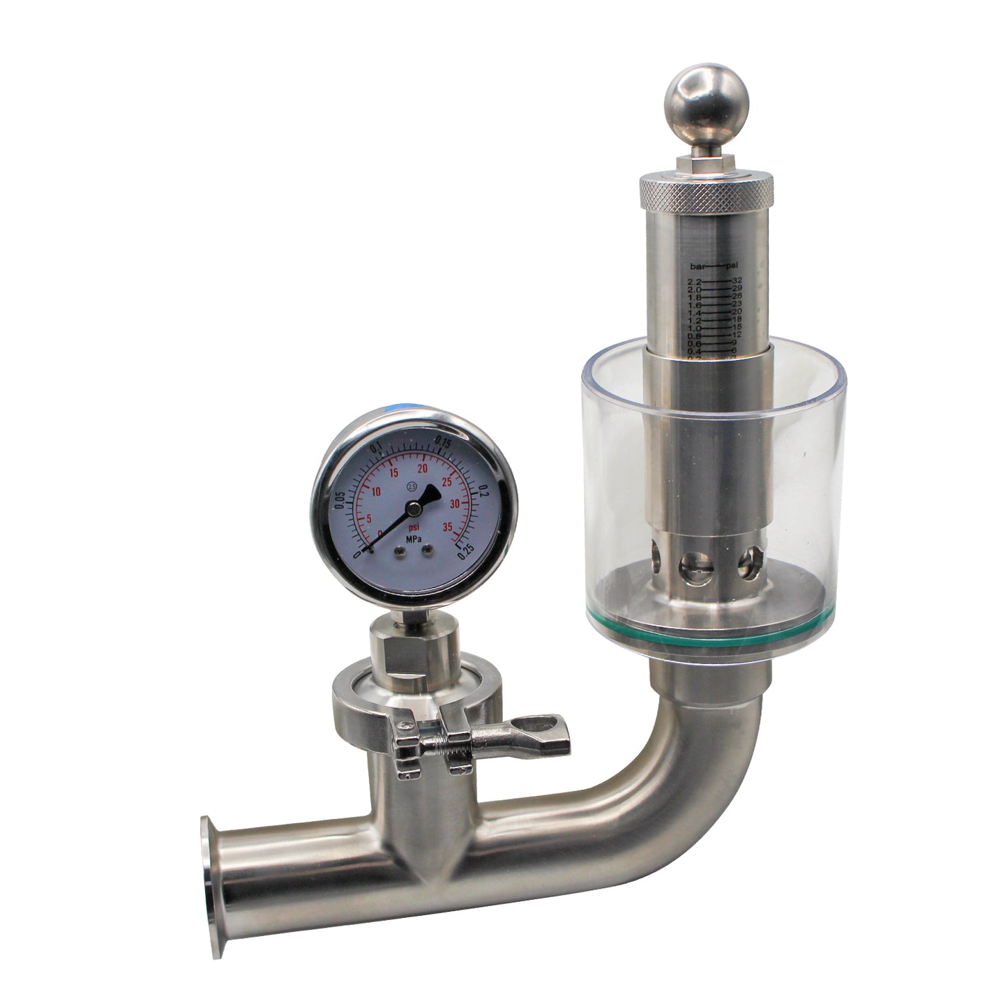 Kegland Stainless Steel Tri-Clover Spunding Valve With Pressure Gauge - 1.5" TC - ADJ. PRV (0 - 35 PSI)