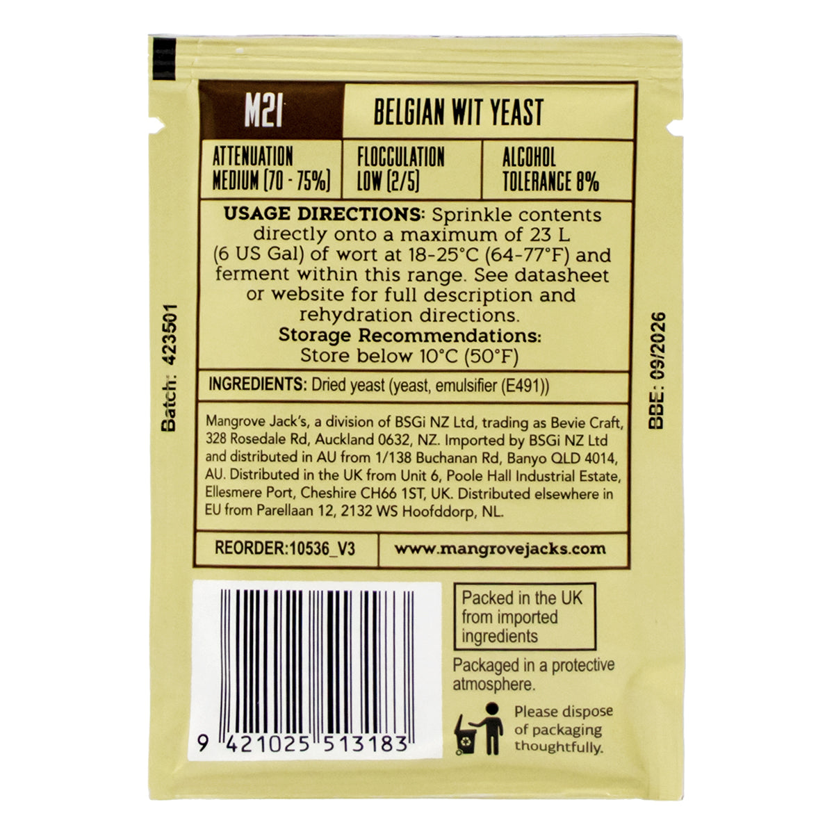 Mangrove Jack's Belgian Wit Dry Yeast [M21] (10 g) -  Canuck Homebrew Supply, Canada