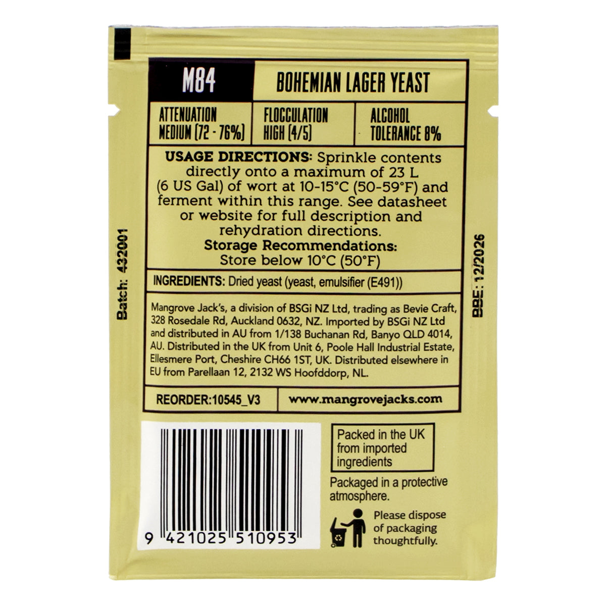 Mangrove Jack's Bohemian Lager Dry Yeast [M84] (10 g) -  Canuck Homebrew Supply, Canada