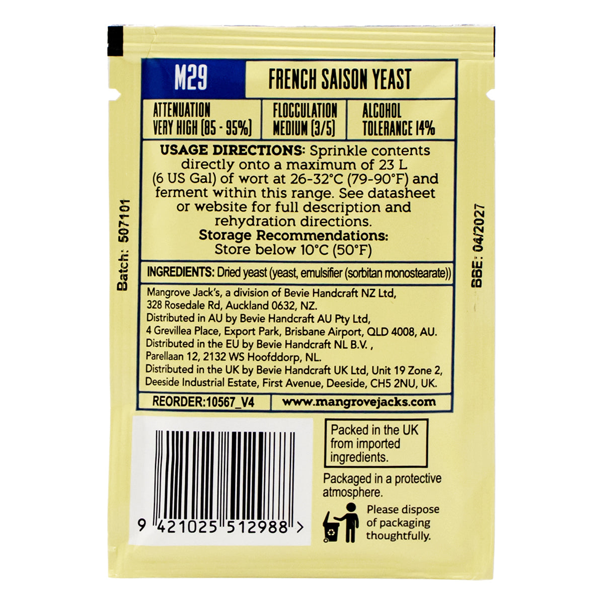 Mangrove Jack's French Saison Dry Yeast [M29] (10 g) -  Canuck Homebrew Supply, Canada