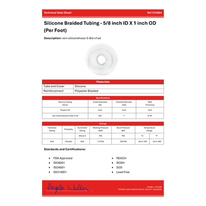 Silicone Braided Tubing - 5/8 inch ID X 1 inch OD (Per Foot)