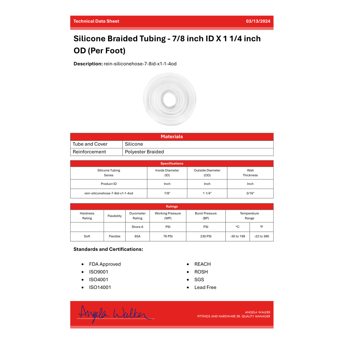 Silicone Braided Tubing - 7/8 inch ID X 1 1/4 inch OD (Per Foot)