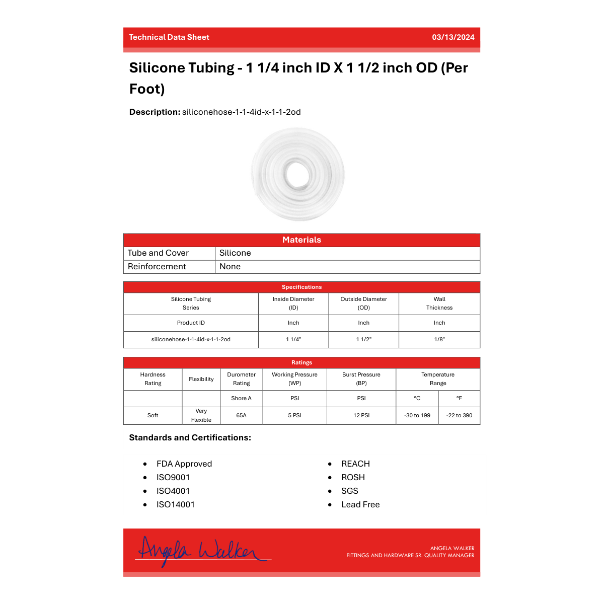 Silicone Tubing - 1 1/4 inch ID X 1 1/2 inch OD (Per Foot)