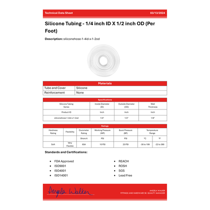 Silicone Tubing - 1/4 inch ID X 1/2 inch OD (Per Foot)