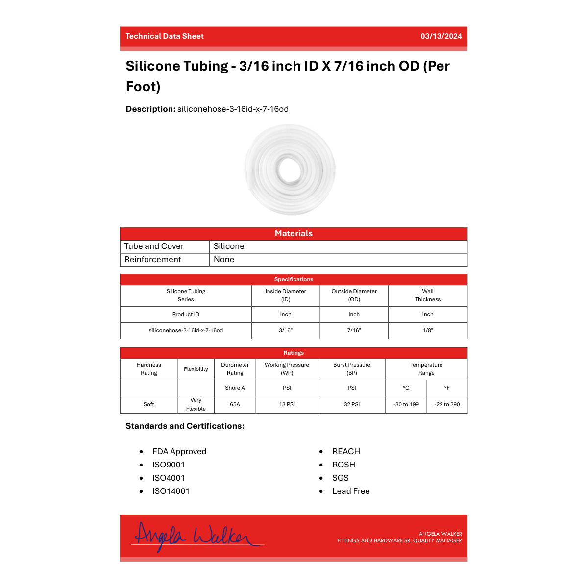 Silicone Tubing - 3/16 inch ID X 7/16 inch OD (Per Foot)