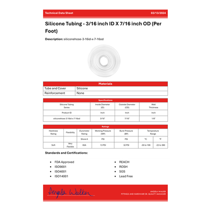 Silicone Tubing - 3/16 inch ID X 7/16 inch OD (Per Foot)