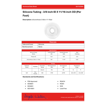 Silicone Tubing - 3/8 inch ID X 11/16 inch OD (Per Foot)
