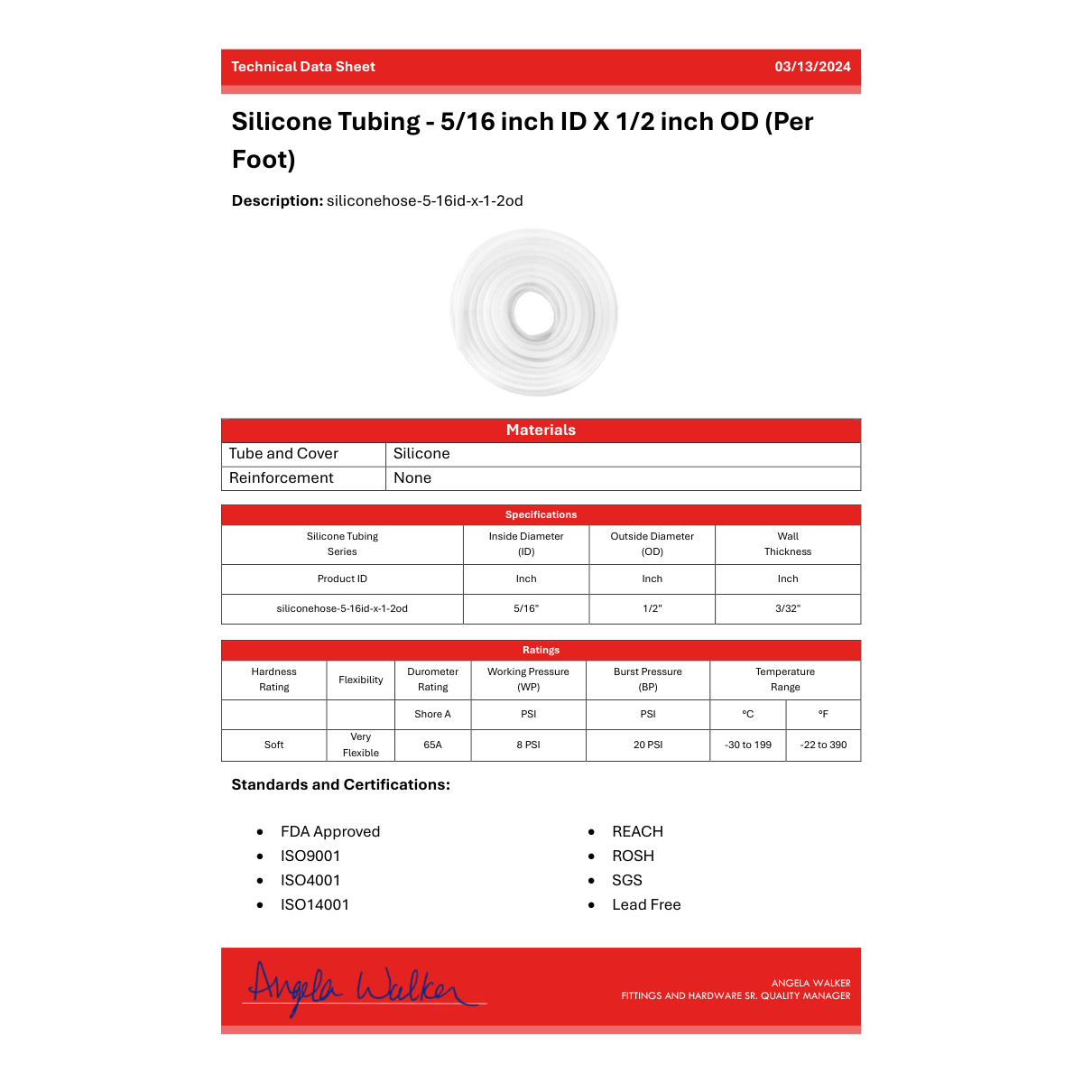 Silicone Tubing - 5/16 inch ID X 1/2 inch OD (Per Foot)